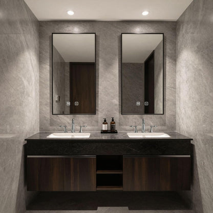 60"-84"Floating Dark Wood Bathroom Vanity with Marble Top & Dual LED Mirrors