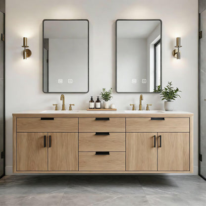 64”-80”Double Floating Vanity, Light Wood Cabinet with Black Trim & Gold Brass Hardware