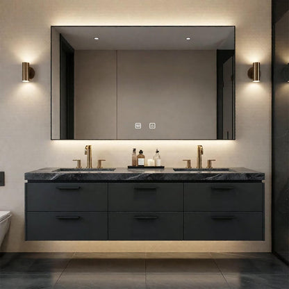 60“-84”Modern Floating Double Sink Bathroom Vanity with Smart LED Mirror & Black Marble Top