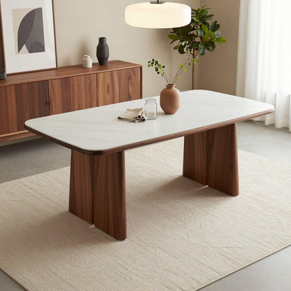 56"-96"Modern White Stone Top Dining Table, Rectangular Table with Walnut Wood Base