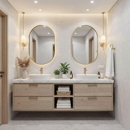 60”-84”Double Sink Floating Bathroom Vanity with Gold Oval Mirrors, Light Wood Cabinet & Marble Top