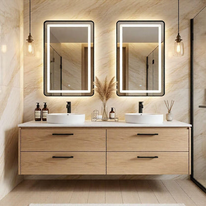 60"-96"Light Oak Floating Bathroom Vanity with Double Vessel Sinks & LED Mirrors