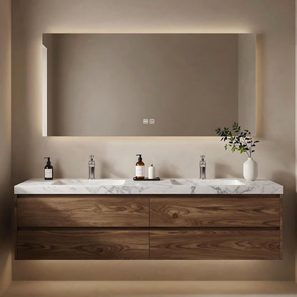 60”-84”Wall-Mounted Double Bathroom Vanity - Light Oak Wood Cabinet with White Stone Top & Gold Hardware
