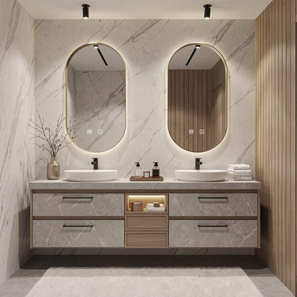 60"-84"Light Wood Bathroom Vanity with Double Vessel Sinks & Gold Framed LED Mirrors