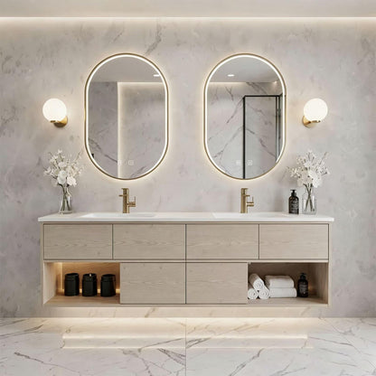 60”-96”Modern Wall-Mounted Vanity with Open LED Shelf & Marble-Look TopModern Wall-Mounted Vanity with Open LED Shelf & Marble-Look TopModern Wall-Mounted Vanity with Open LED Shelf & Marble-Look Top