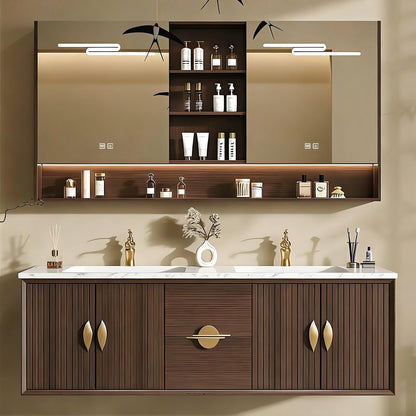 60”-84”Double Sink Floating Bathroom Vanity with LED Mirror Cabinet, Wall Mounted Walnut Vanity with Marble Top & Gold Hardware