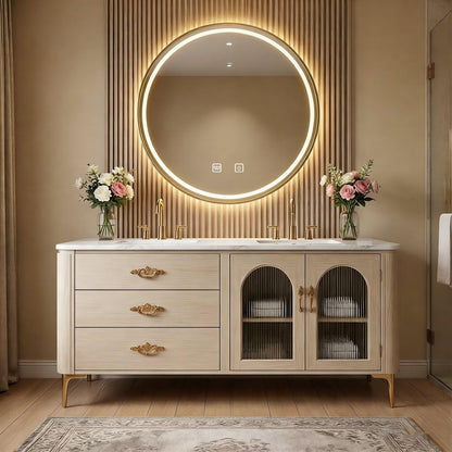 60"-84"Vintage Oak Bathroom Vanity Set with Gold Hardware & Marble Top