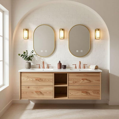 60”-84”Double Floating Vanity, Light Wood Cabinet with Gold Oval LED Mirrors