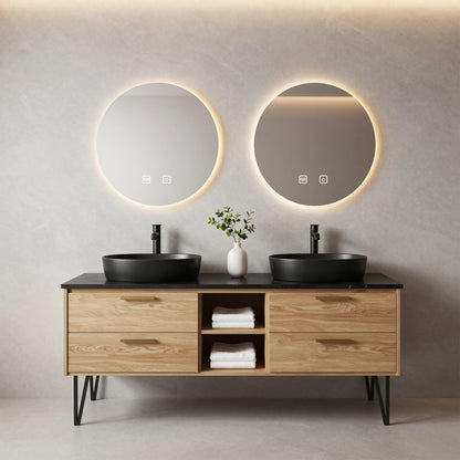 60”-84”Double Vanity, Light Wood Cabinet with Backlit LED Mirrors