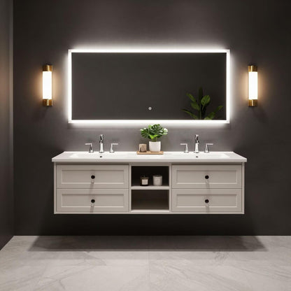 60"-96"White Floating Bathroom Vanity with Double Sinks & Large LED Lighted Mirror