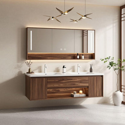 60”-84”Double Sink Floating Bathroom Vanity with LED Mirror Cabinet, Walnut Fluted Cabinet