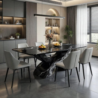 56"-96"Luxury Black Marble Dining Table, Contemporary Kitchen Table with Artistic Base