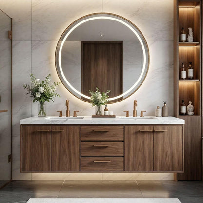 60"-96"Luxury Bathroom Vanity with Dark Walnut Finish & LED Lighted Round Mirror