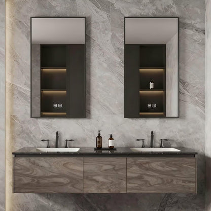 60”-84”Double Sink Floating Bathroom Vanity, Dark Wood Cabinet with LED Lighted Mirror Cabinets