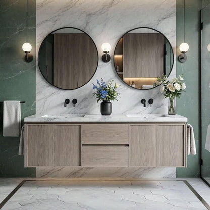 60"-84"Modern Floating Bathroom Vanity with Double Sinks & Round Black Framed Mirrors