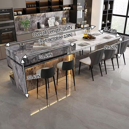 56“-96”Modern Marble Kitchen Island with LED Lighting, Multi-functional Countertop