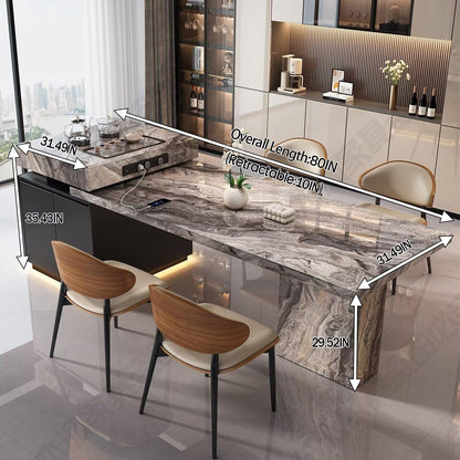 80“-96”Marble Kitchen Island with Tea Station, Dining Table & Built-in Power Outlet