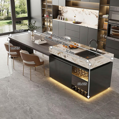 56"-96"Contemporary Kitchen Island with Sink, Wine Rack & Integrated Dining Table
