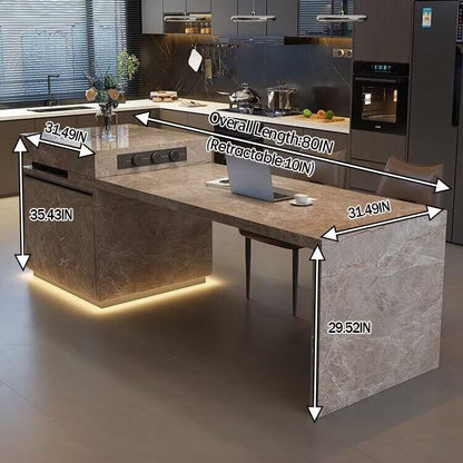 80“-96”Brown Marble Kitchen Island with Integrated Dining Table & LED Lighting