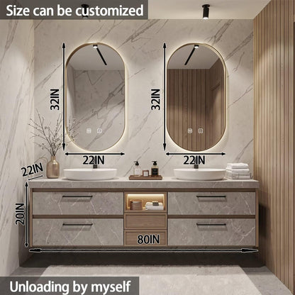60"-84"Light Wood Bathroom Vanity with Double Vessel Sinks & Gold Framed LED Mirrors