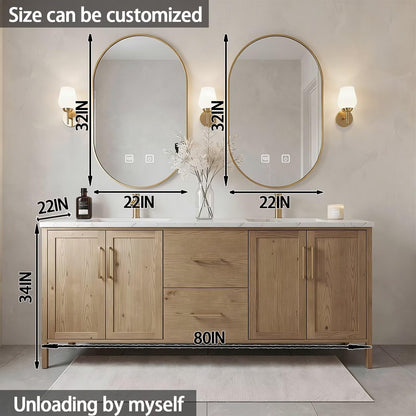 64”-96”Double Sink Freestanding Bathroom Vanity with Gold Oval Mirrors, Light Oak Cabinet