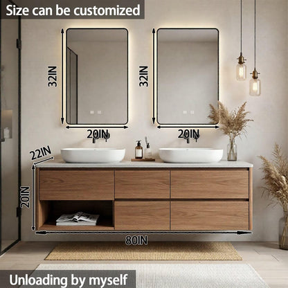 60"-84"Modern Floating Walnut Bathroom Vanity with Stone Top & Open Shelf
