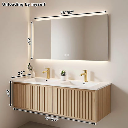60”-84” Double Sink Floating Bathroom Vanity with LED Backlit Mirror, Wall Mounted Fluted Oak Vanity with White Top & Gold Faucets