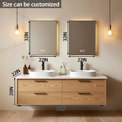 60"-84"Light Oak Floating Bathroom Vanity Set with LED Mirrors & Black Handles