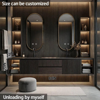 60"-84"Floating Dark Wood Bathroom Vanity with Double Sinks & LED Oval Mirrors