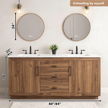 60”-84”Double Sink Freestanding Bathroom Vanity with 2 Round LED Mirrors, Walnut Wood Vanity with Marble Top & Black Hardware