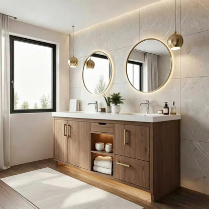 60"-96" Modern Wood Bathroom Vanity with Double Sinks & Gold Hardware