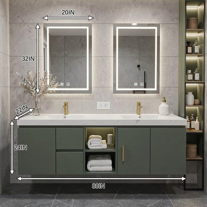 60”-96” Green Floating Bathroom Vanity with Double Sinks & LED Lighted Mirrors