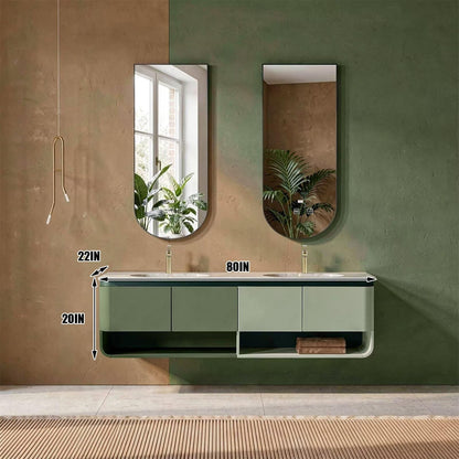 60"-96"Modern Wall-Mounted Vanity with Open Shelves, Marble Countertop & LED Mirrors
