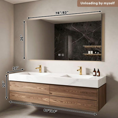 60”-84”Double Sink Floating Bathroom Vanity with LED Mirror, Wall Mounted Walnut Wood Vanity with White Marble Top & Storage