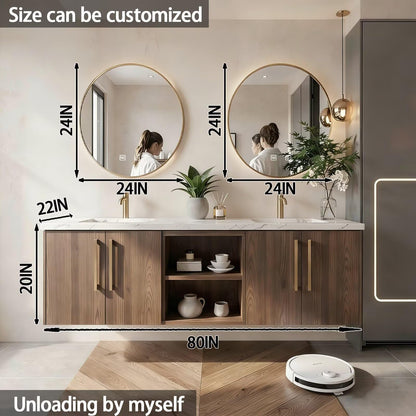 60"-84"Modern Walnut Floating Bathroom Vanity Set with Marble Top & Gold Handles
