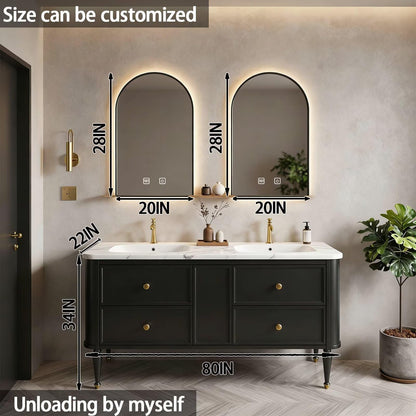 60”-84”Double Sink Freestanding Vanity with LED Arched Mirrors, Black Cabinet & Gold Hardware