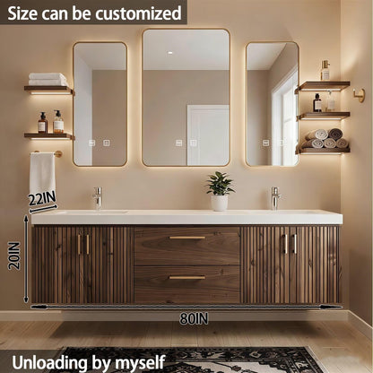 60"-84"Ribbed Wood Floating Bathroom Vanity with Double Sinks & Gold Framed LED Mirrors