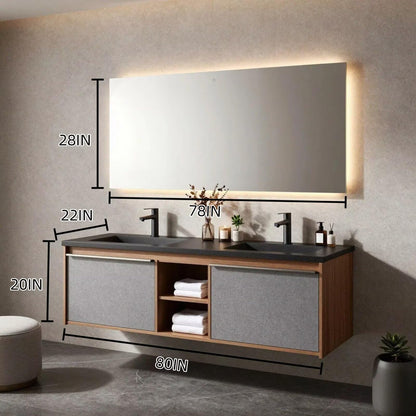 60"-96"Wall-Mounted Bathroom Vanity with Black Countertop & Open Towel Shelf
