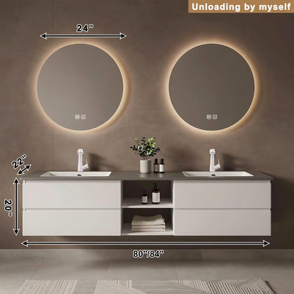 60”-84”Double Sink Floating Bathroom Vanity with 2 Round LED Mirrors, White Wall Mounted Vanity with Open Storage Shelf