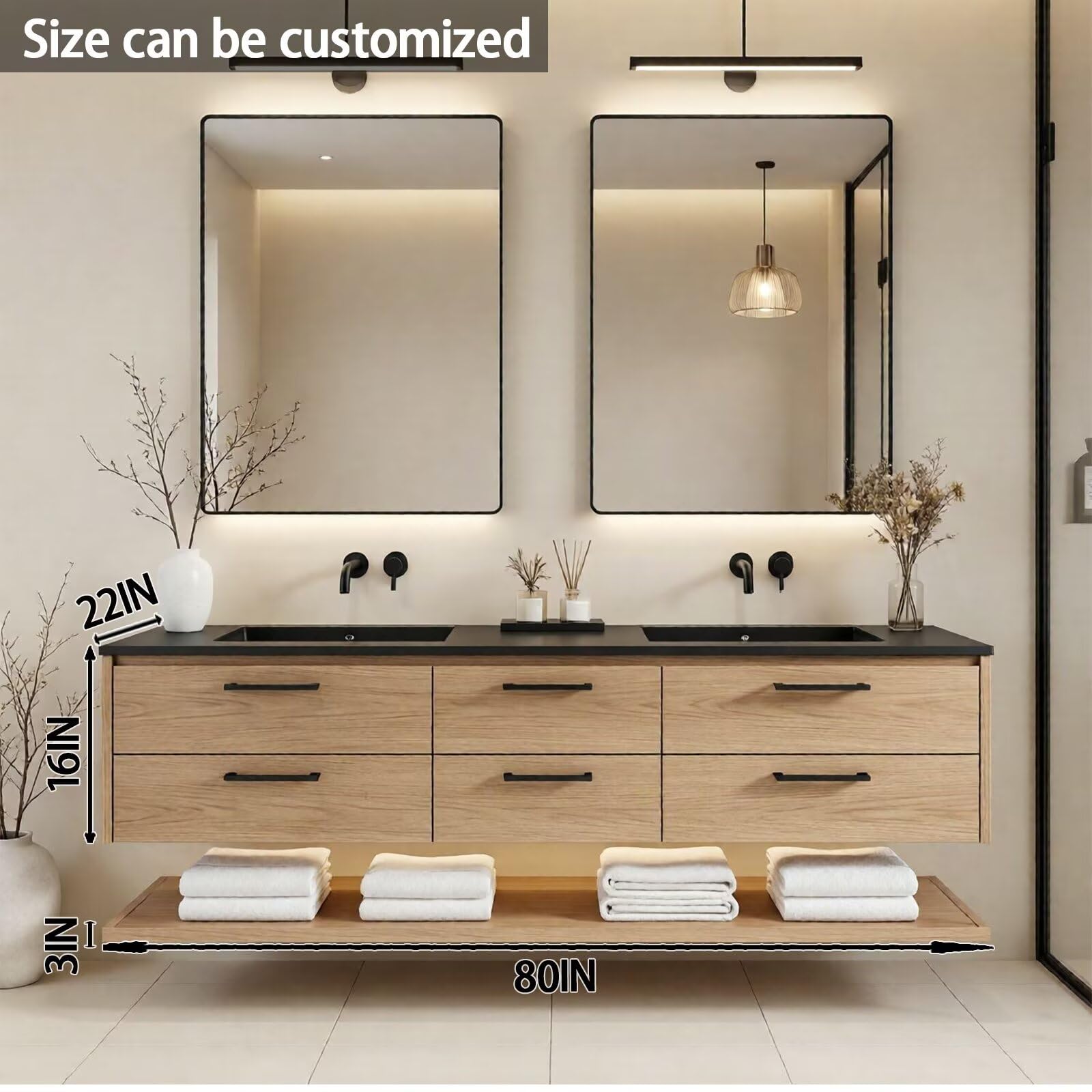 60"-84"Light Oak Floating Bathroom Vanity Set with Black Countertop & Handles