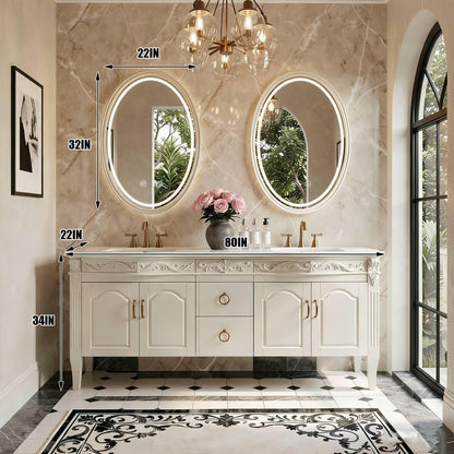 60"-96"White Traditional Bathroom Vanity with Double Sinks & LED Oval Mirrors