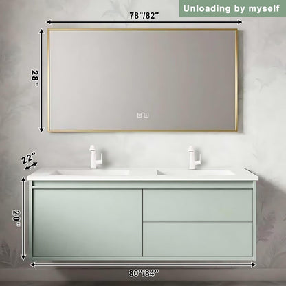 60”-84”Double Sink Floating Bathroom Vanity, Sage Green Cabinet with Gold Framed LED Mirror