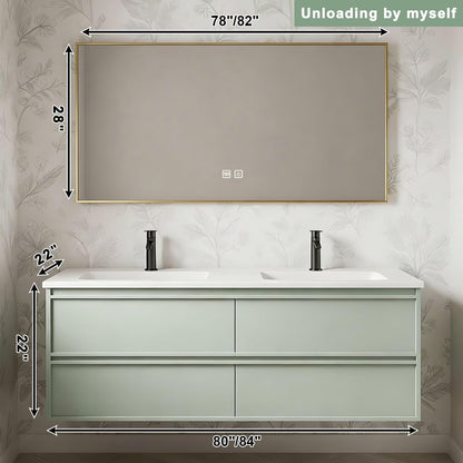 60”-84”Double Sink Floating Bathroom Vanity, Sage Green Cabinet with Gold Framed LED Mirror