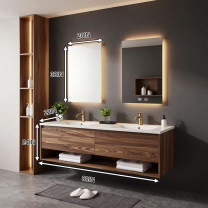 60”-96”Modern Wall-Mounted Bathroom Vanity with Walnut Finish & LED Lighted Mirrors