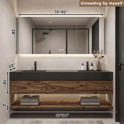 60”-84”Double Sink Floating Bathroom Vanity with LED Mirror Cabinet, Walnut Wood Vanity with Black Stone Top & Open Shelf