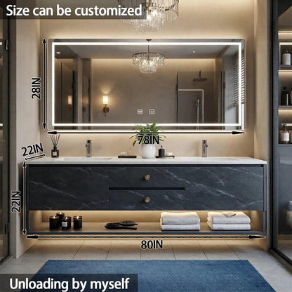 60”-84”Double Sink Floating Bathroom Vanity with LED Backlit Mirror, Black Marble Cabinet
