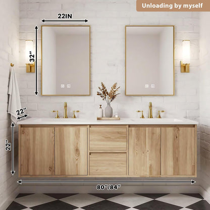 60”-84”Double Sink Floating Bathroom Vanity with 2 Gold LED Mirrors, Light Oak Wall Mounted Vanity with White Top