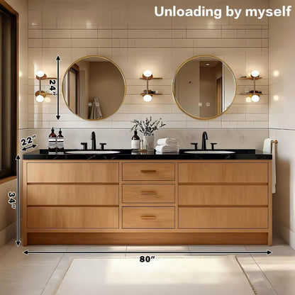 60”-96”Wood Double Sink Bathroom Vanity with Black Stone Top & Gold Round Mirrors