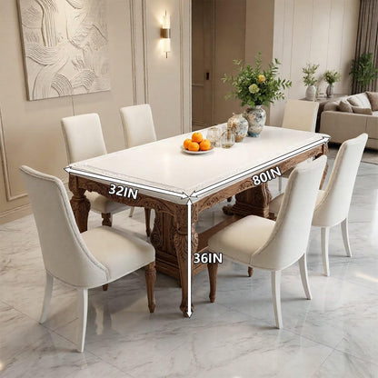 60"-80"Elegant Farmhouse Dining Table with Carved Wood Base & 6 Linen Chairs, for Dining Room