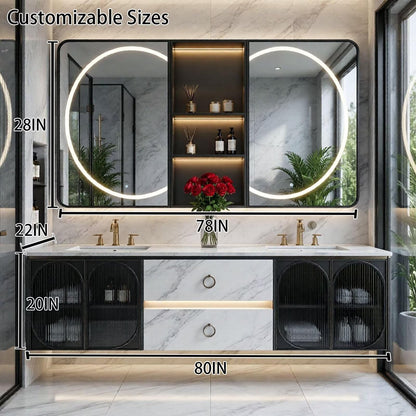 60"-96"Marble Floating Bathroom Vanity with LED Mirrors & Black Fluted Glass Doors